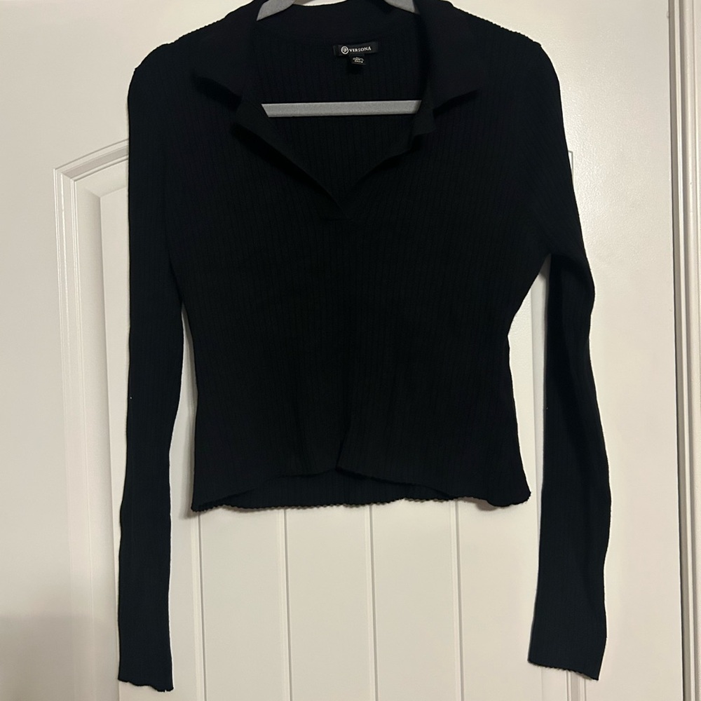 Versona Black Ribbed Long Sleeve Polo Sweater